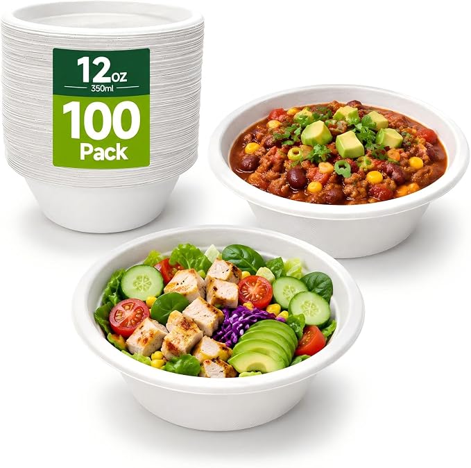 TaidMiao 12 oz, 100 Pack, Paper Bowls Disposable, Compostable | Heavy Duty by TaidMiao