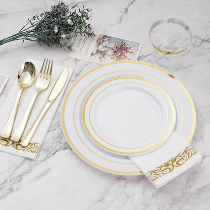 BESTVIP 700 PCS Gold Dinnerware Set for 100 Guests, Plastic Dinnerware Set for Party, Christmas, Include: 200 Plastic Plates, 100 Gold Silverware, 100 Cups, 100 Paper Napkins
