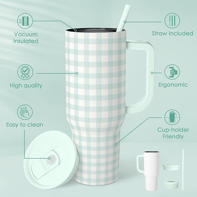 SANDJEST Mint Gingham 40oz Slider Tumbler - Image 2