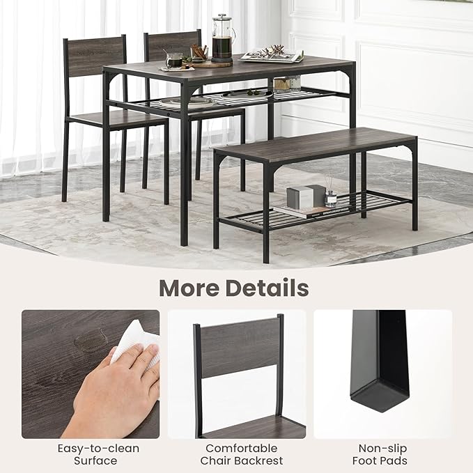 Giantex Dining Table Set for 4, Kitchen Table with Chairs & Bench, Storage Racks, Metal Frame, 4-Piece Space-Saving Dinette Set for Dining Room, Breakfast Nook, Small Space, Apartment, Grey
