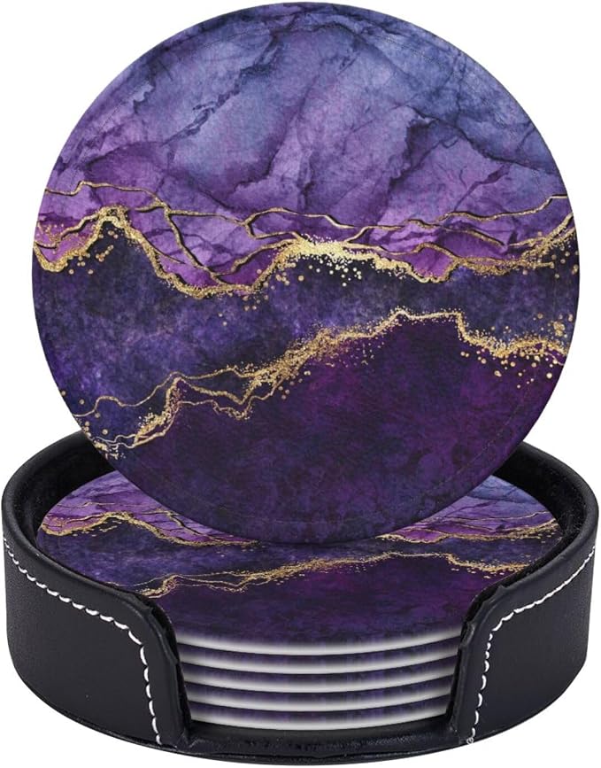 6 Pcs Purple Marble Abstract Gold Leather Coasters by CAPVKING