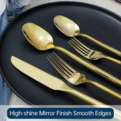 Silverware Set 40-Piece Stainless Steel Cutlery, Mirror Polishing Utensils, Gold Hexagon Flatware Sets, Service for 8
