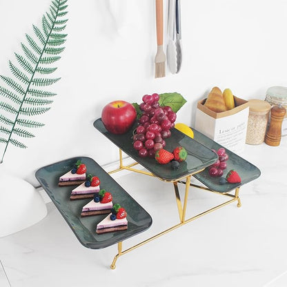 3 Tier Serving Trays for Party, 12.7 Inch Porcelain Serving Platters and Tiered Trays, Foldable Sturdy Gold Stand, for Food Display, Fruit, Cake Dessert, Decoration Entertaining, Dark Blue