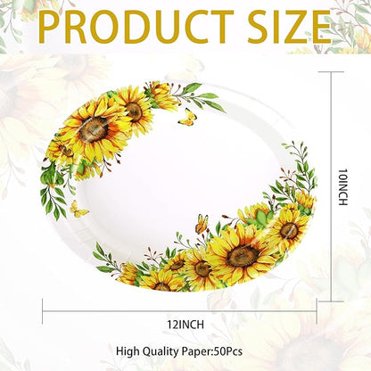 Grencian 50 PCS Sunflower Oval Paper Plates 10" x 12" Heavy Duty Disposable Sunflower Party Plates for Birthday Wedding Bridal Baby Shower Party Decorations