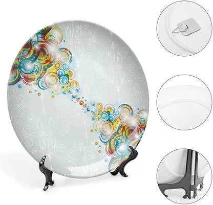 Decorative Plates, Abstract Print Ornament, Modern Design Rainbow Waves Circles Patterned, 10 Inch, 1 Plate with 1 Display Stand, Multicolor
