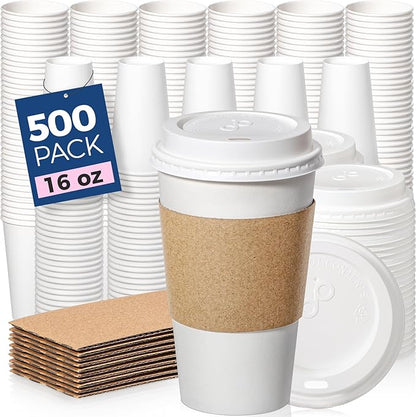 Fit Meal Prep 500 Pack 16 oz Disposable Coffee Cups with Lids, Sleeves, Leak-Proof To Go Coffee Cups with Lids, Durable Hot Paper Cups for Home, Office, Party, Business