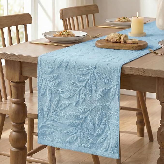 Artoid Mode Light Blue Soft 3D Jacquard Leaves 100%Cotton Spring Table Runner - Image 6