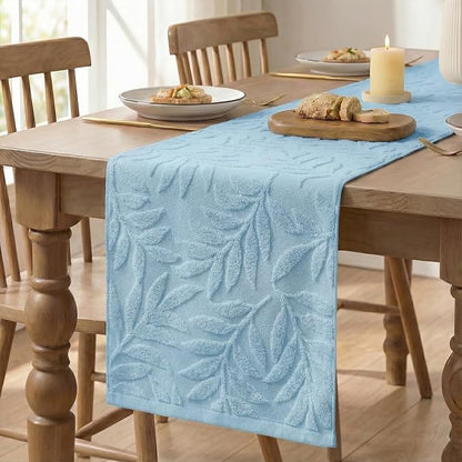 Artoid Mode Light Blue Soft 3D Jacquard Leaves 100%Cotton Spring Table Runner - Image 6