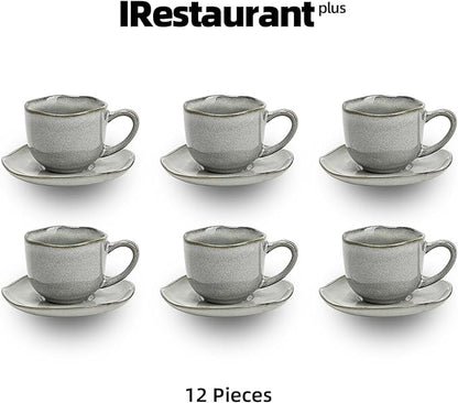 Organic Shape Highland Ceramic Coffee Cup and Saucer, 6pcs 8oz Handmade Reactive Glaze Saucer Sets with Wavy Edge, for Kitchen, Microwave & Dishwasher Safe, Scratch Resistant-grey