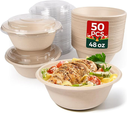 50-Pack 48oz Round Disposable Bowls with Lids - 100% Sugarcane Fiber, Paper Round Bowls for Soup, Salad, Ramen, Popcorn