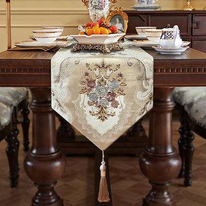 120" Exquisite Table Runner Elegant Chic Jacquard Textured Damask Beige | - Image 6
