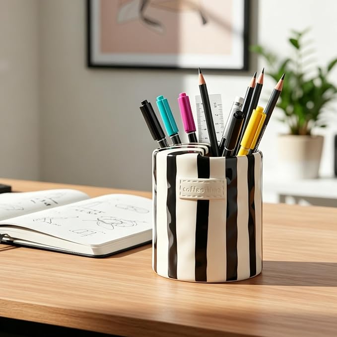 10oz Ceramic Coffee Mug with Sip Hole, Striped Espresso Cups - Image 9