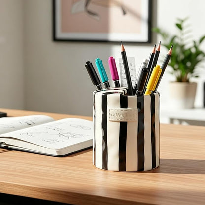 10oz Ceramic Coffee Mug with Sip Hole, Striped Espresso Cups - Image 9