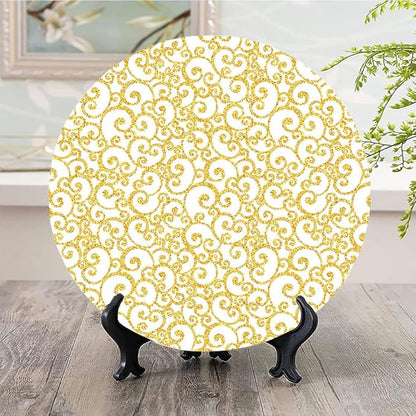 Decorative Plates, Victorian Print Ornament, Swirling Lines Floral, 7 Inch, Kitchen Wall Decor, Golden