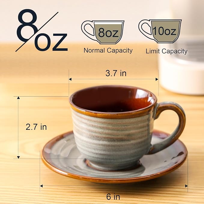 HASENSE Ceramic Tea Cups and Saucers, 8oz Cappuccino Cups Set of 4, Espresso - Image 3