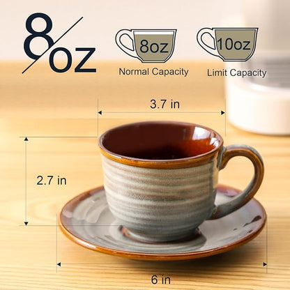 HASENSE Ceramic Tea Cups and Saucers, 8oz Cappuccino Cups Set of 4, Espresso - Image 3