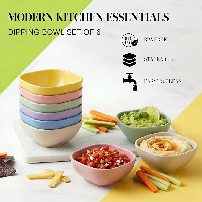 Dipping Bowls Set of 6, Soy Sauce Dish Wheat Straw Bowls 5oz, Small Plastic - Image 2