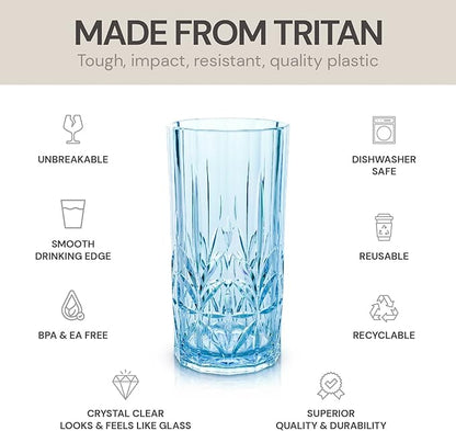 BELLAFORTE Shatterproof Tritan Tall Tumbler, Set of 4, 18oz - Myrtle Beach Drinking Glasses - Unbreakable Plastic Drinking Glasses for Gifting, Parties, New Year - BPA Free - Dishwasher Safe - Blue