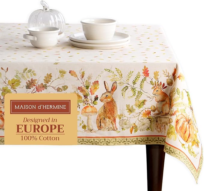 Maison d' Hermine Table Cloth Rectangle Table 100% Cotton 60 x 90 Inches Fall Tablecloth Reusable Everyday Use for Thanksgiving Christmas Decorations Dining Farmhouse Party (Pumpkin Passion)