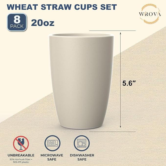 Wrova Wheat Straw Cups 8 PCS Good Alternative to Plastic Reusable Cups 20 oz - Image 2