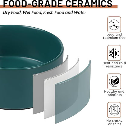 Large Dog Bowls, Non Slip Heavy Ceramic Dog Food and Water Bowl with White Silicone Base, 2 Pack Pet Feeding Bowls for Medium, Big and Giant Dogs (Black+Green, 8 Inches)