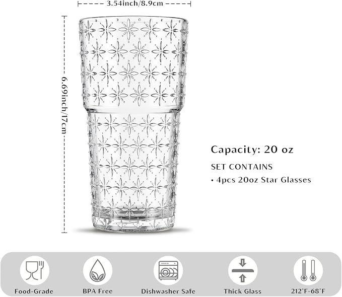 INSETLAN 20oz Sparkling Star Glass Cups Set of 4, Vintage Drinking Glasses - Image 3