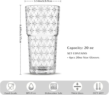 INSETLAN 20oz Sparkling Star Glass Cups Set of 4, Vintage Drinking Glasses - Image 3