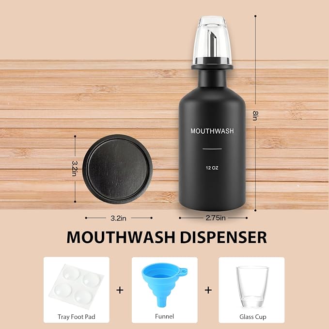 Glass Mouthwash Dispenser for Bathroom, Stainless Steel & Bamboo Nozzle - Image 4