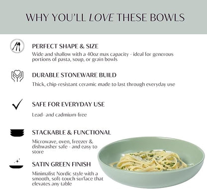 Ceramic Pasta Bowls Set of 4 – 40oz Extra Large Dinner Bowls, Deep Plates Salad Bowl for Eating, Pasta Plates, Stoneware Shallow Bowl Plate Set, Dishwasher & Microwave Safe - Green
