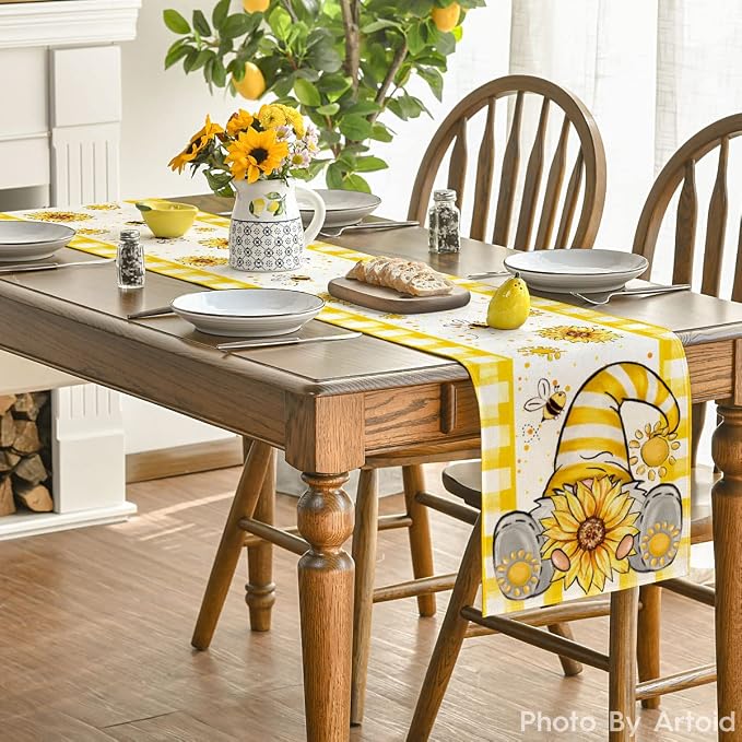 Artoid Mode Yellow Buffalo Plaid Sunflower Gnome Bee Summer Table Runner - Image 4