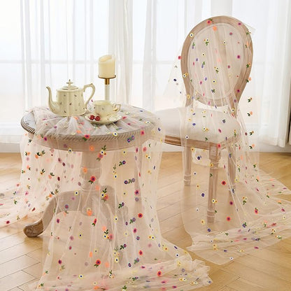 BINBE 3pcs Champagne Daisy Spring Table Runner Embroidery Gauze 10FT Florals - Image 5
