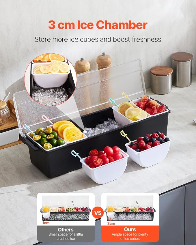VEVOR Chilled Condiment Server, 6 Compartment Ice Cooled Condiment Serving - Image 2