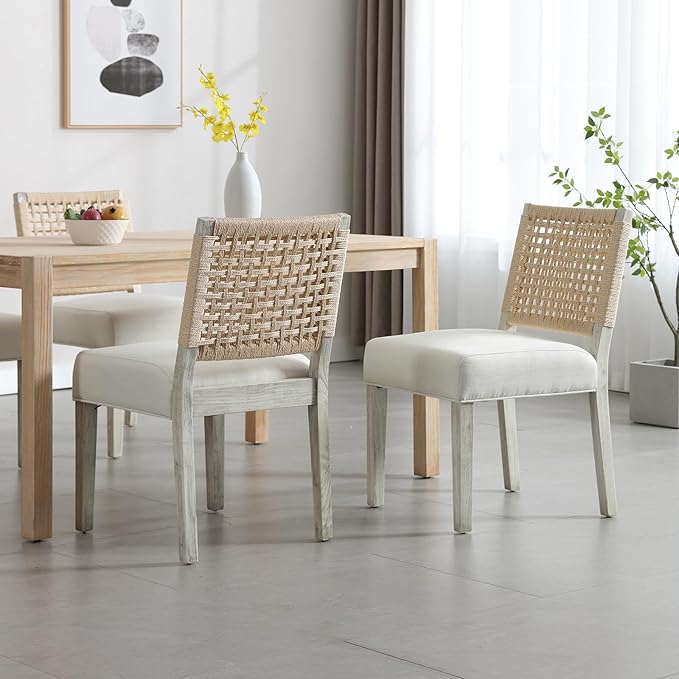 Farmhouse Dining Chairs Set of 4 Linen Fabric Upholstered Accent Side Chair, Mid Century Modern Kitchen & Dining Room Chairs with Woven Rope Back for Home, Living Room, Bedroom - White