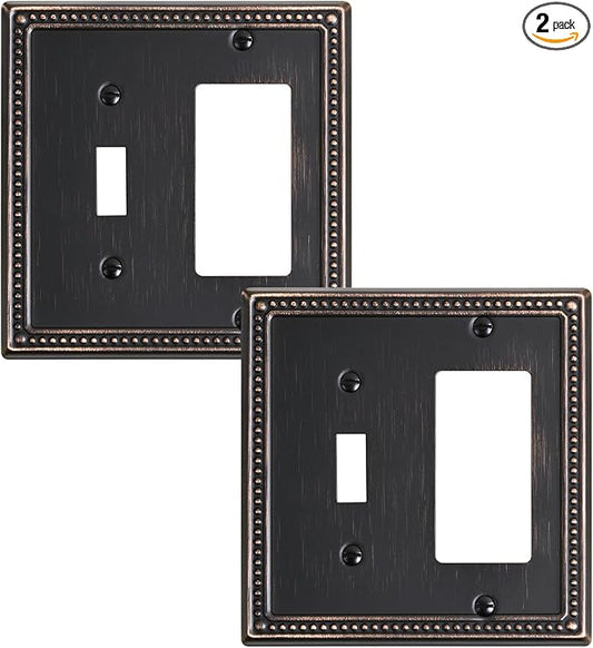 2-Pack Combo Toggle/Decorator Light Switch Cover Plate, Pearls Decorative Electrical Outlet Covers, Metal Wall Switch Plates and Outlet Covers, Aged Bronze
