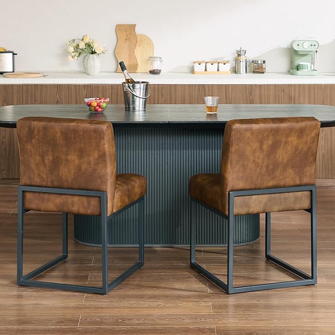 Coffee Faux Leather Dining Chairs Set of 4, Mid-Century Modern Dining Room Chairs with Armless, Checkered Kitchen Chair with Metal Legs