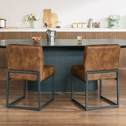 Coffee Faux Leather Dining Chairs Set of 4, Mid-Century Modern Dining Room Chairs with Armless, Checkered Kitchen Chair with Metal Legs