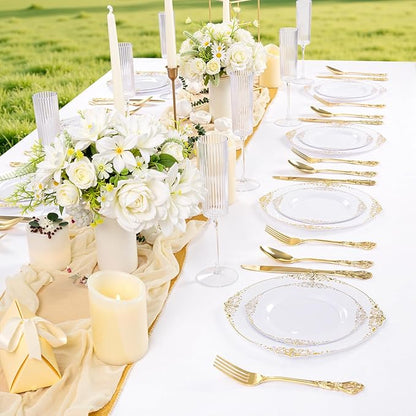 102PCS White and Gold Plastic Plates - Heavy Duty Gold Disposable Plates Include 51PCS 7.5inch Dessert Plates, 51PCS 10.25inch Dinner Plates for Wedding & Parties