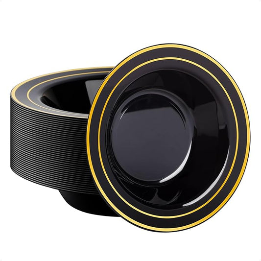 Goodluck 50 Pack Black Plastic Bowls with Gold Rim, 12oz Disposable Soup Bowls, Heavy Duty Dessert Bowls for Weddings, Parties, Dinners, Catering, and New Year