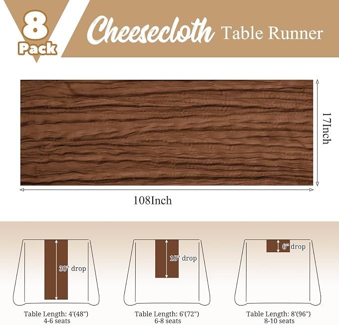 8 Pack Brown Table Runner 17 x 108inch Cheesecloth Table Runner Boho Gauze - Image 3