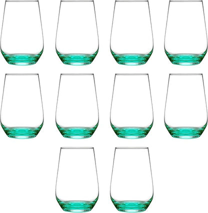 DISCOUNT PROMOS 10 Vaso Silicia Stemless Wine Glasses Set, 16 oz. - Clear, Orb-Like, Thick base - Green