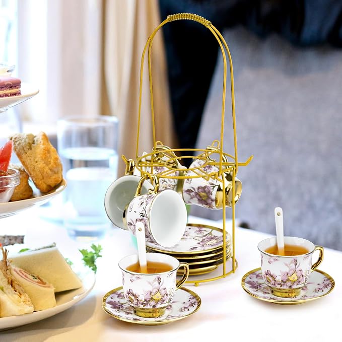 20 Pcs Porcelain Tea Set with Metal Holder, European Ceramic Tea Set - Image 6