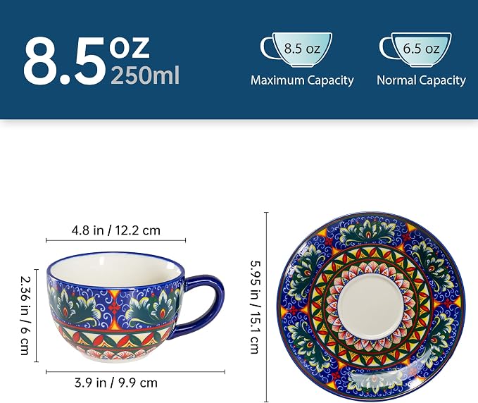 Henten Home Ceramic 8.5 oz Tea Cup Set, Latte Cup - Image 2