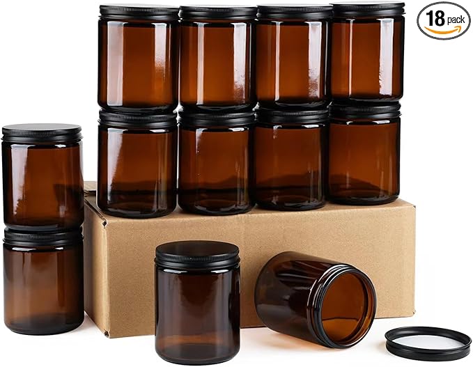 Goiio 18 Pack Amber Glass Jars, 8 Oz Thick Amber Round Glass Jars, with Black Metal Lids, for Spice, Liquid, Sample, Leakproof and Dishwasher Safe