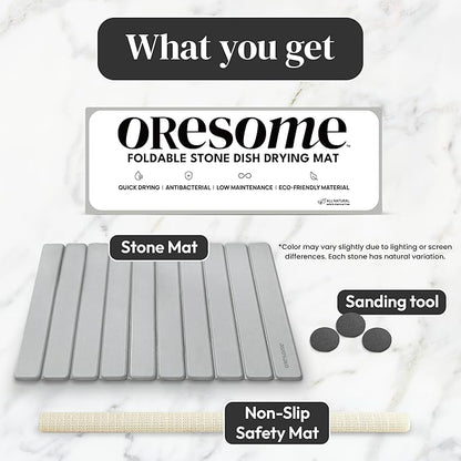 Large Stone Drying Mat for Kitchen Counter, Ultra-Absorbent & Quick Drying, Foldable Diatomaceous Earth Dish Drying Mat, Durable & Non-slip Stone Dish Drying Mat for Dishes & Utensils, 24"×16"