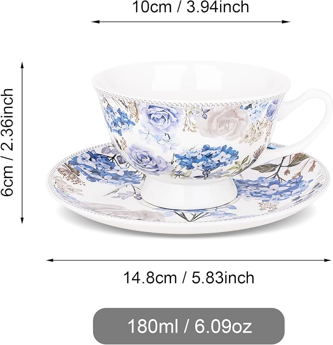 fanquare 6 oz Blue Rose and Hydrangea Porcelain Tea Cup and Saucer Set | - Image 7
