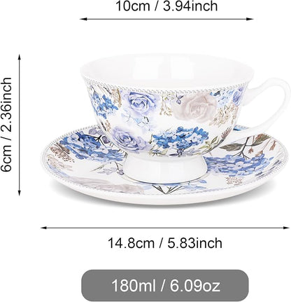 fanquare 6 oz Blue Rose and Hydrangea Porcelain Tea Cup and Saucer Set | - Image 7
