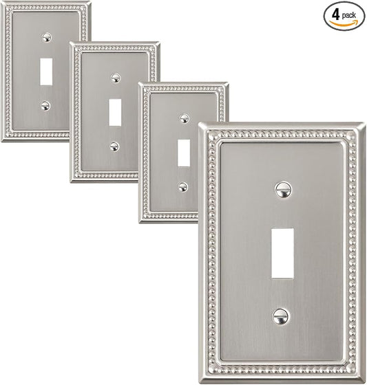 4-Pack Single Toggle Light Switch Cover Plate, Pearls Decorative Switch Plate Covers, Brushed Nickel 1 Gang Metal Wall Plate