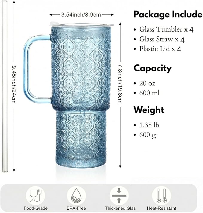 20 oz Blue Glass Tumbler with Lid and Straw, Glass Iced Coffee Cups, - Image 2