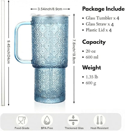 20 oz Blue Glass Tumbler with Lid and Straw, Glass Iced Coffee Cups, - Image 2