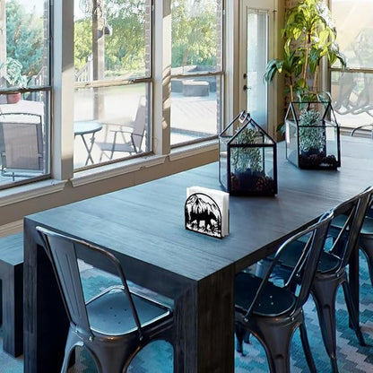 Forest Animals Mountain Decorative Black Metal Napkin Holder for Table, 4.9" x 4.9" x 1.9" Bear Standing Napkin Holder for Home Kitchen Restaurant Picnic Party Coffee Bar Dining Room